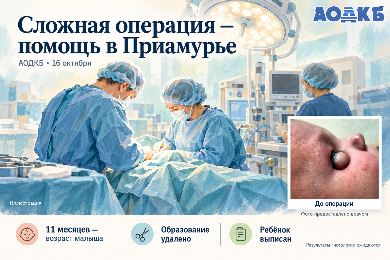 Иллюстрация работы врачей АОДКБ и медицинское фото образования на глазу до операции